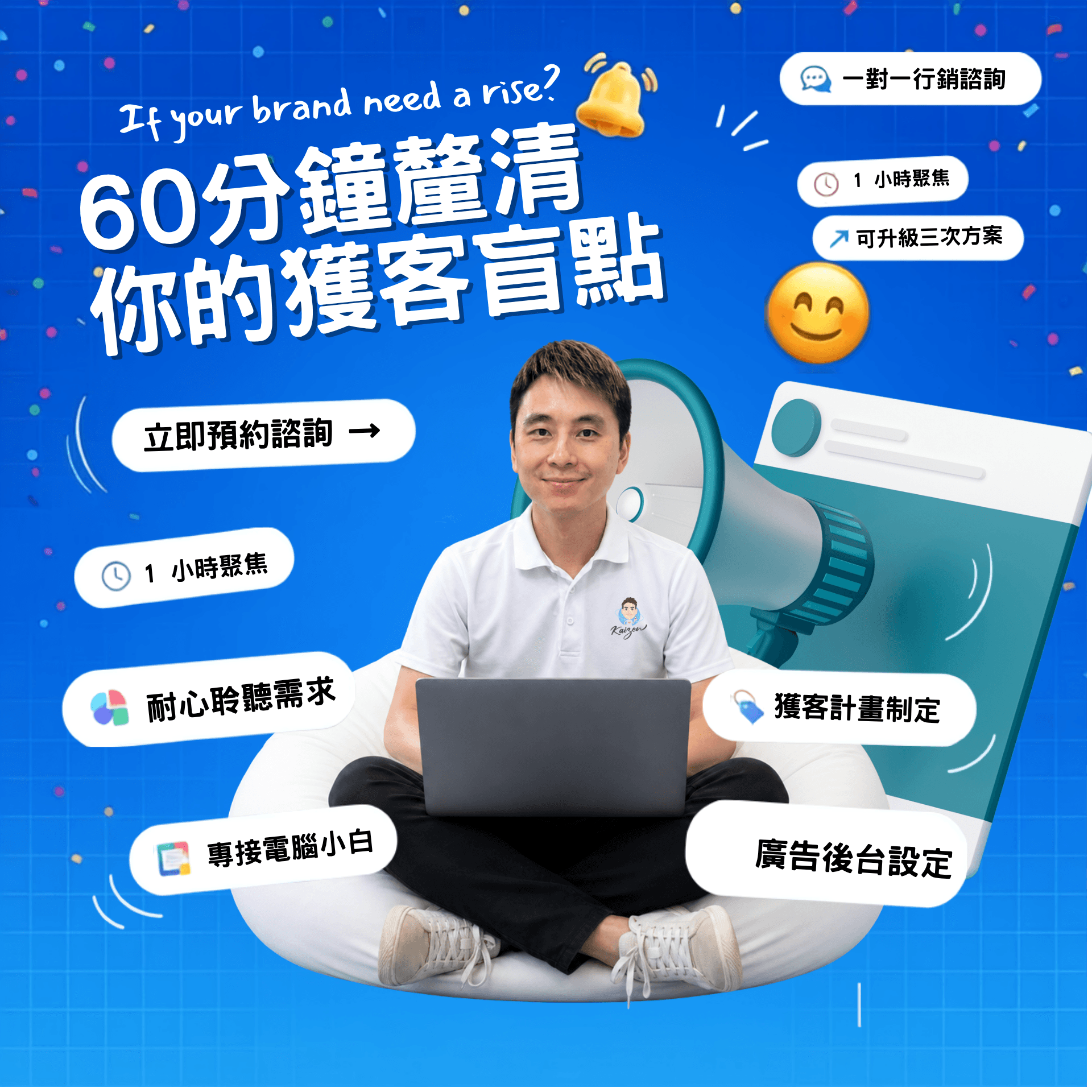 60 分鐘釐清你的獲客盲點 — 一對一行銷諮詢,1 小時聚焦、可升級三次方案